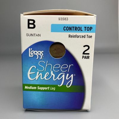 Leggs Sheer Energy Pantyhose Tights B/M Suntan Control Top 2 Pack