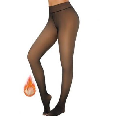 Fleece Lined Tights Sheer Women Fake X-Large Fake Translucent- Light Black