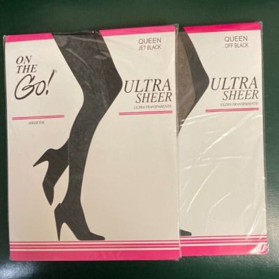 (2) On The Go Ultra Sheer Pantyhose Sheer Toe QUEEN (1) Off Black  (1) Jet Black