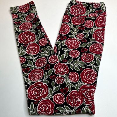 NEW LuLaRoe OS Leggings BLACK RED GREEN WHITE Flower ROSE Romantic Heart Love