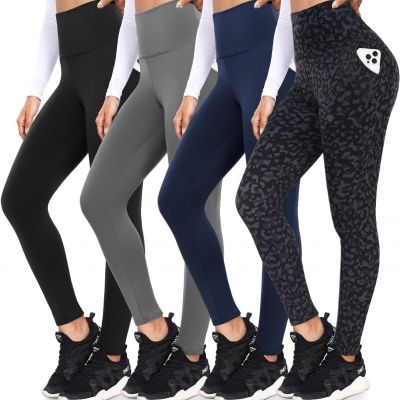 4 Pack Leggings with Pockets for Women,Soft High Waisted Tummy Control Workout Y