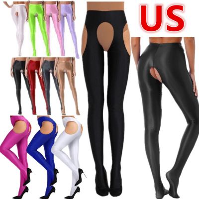 US Women High Waist Control Top Tights Oil Crotchless Pantyhose Silky Stockings