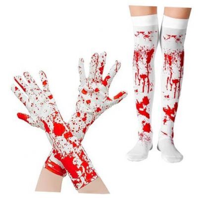 Halloween Bloody Gloves High Socks Set Over Knee Stockings Full Finger Long