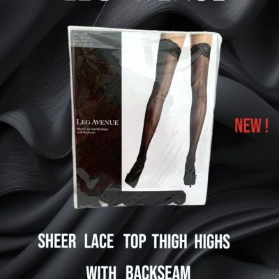 New Stay Up Sheer Lace Top Thigh Highs Stockings w/Backseam Black Leg Avenue