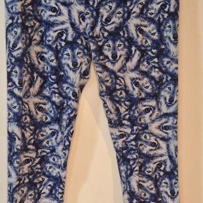 Lularoe Tall & Curvy Blue Wolves Husky Green Eyes Leggings