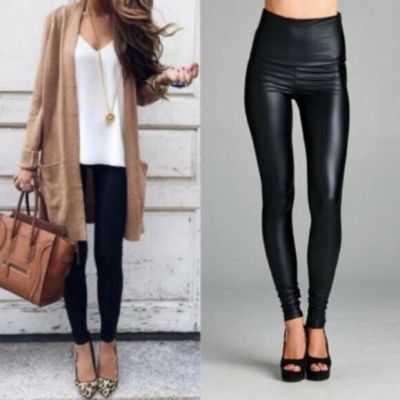 NEW Boutique Black Shiny Faux Leather High Waist Leggings Size Medium M Trendy