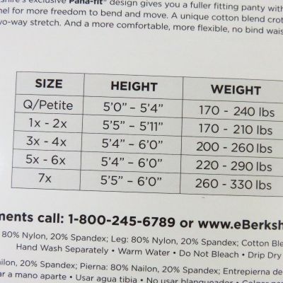 Berkshire Silky Control Top Panty Hose sz 5X-6X Queen FANTASY BLACK - 220-290 lb