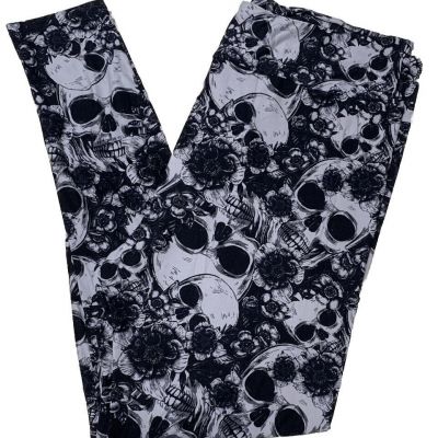 LuLaRoe Womens Leggings Size  TC2 Black Gray Skulls Roses Floral Plus 18+ NWT