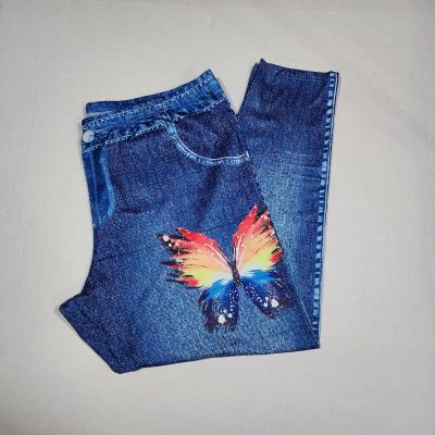 High Waist Women's Denim Print Fake Faux Jeans Leggings Pants Butterfly 5XL