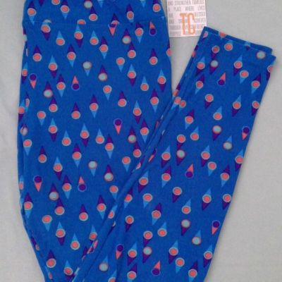 LuLaRoe Leggings TC Blue Background Orange Purple Green Dots Cones Circles EUC