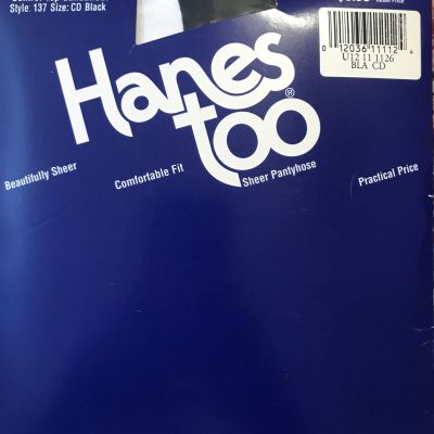 Hanes Too Day Sheer Pantyhose Size CD Black Control Top Reinforced Toe