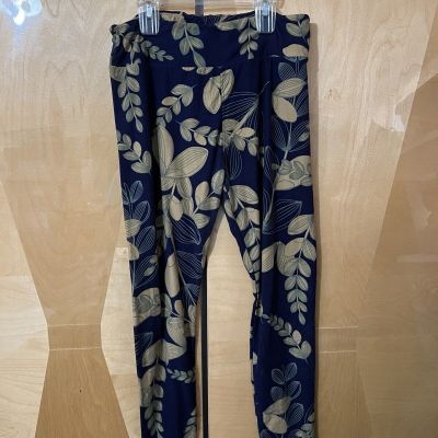 Lularoe Womens Pants TC Tall & Curvy Blue Brown Leaves Fitted Tight Leggings