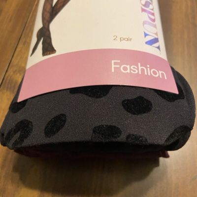 Nylons 2 Pair Pack Women XL Black Flocked Leopard Plum Opaque Joyspun Retro 90s