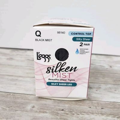 L'eggs Silken Mist Silky Sheer Control Top Wicking Cool Tights Black Mist Size Q