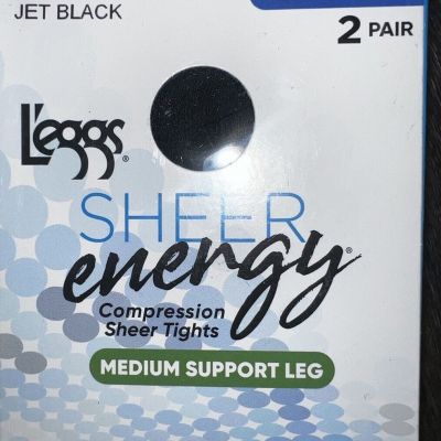 L'eggs ~ Sheer Energy 2 Pair Women's Tights Hose Jet Black Control Top ~ B