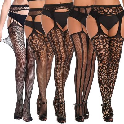 5 Pairs Black Thigh High Stockings Patterned Tights-Fishnet/NetGarter Belts S...