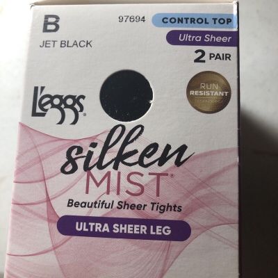 Leggs Silken Mist 2 PAIR Jet Black B Ultra Sheer Leg Control Top Tights 97694