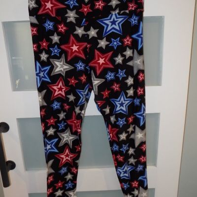 Lularoe Americana Black Leggings W/Stars Print Size Tall & Curvy Women's EUC