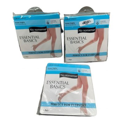 3 packages No Nonsense Size Q Coffee Reinforced Toe Knee Highs NIP. Vintage