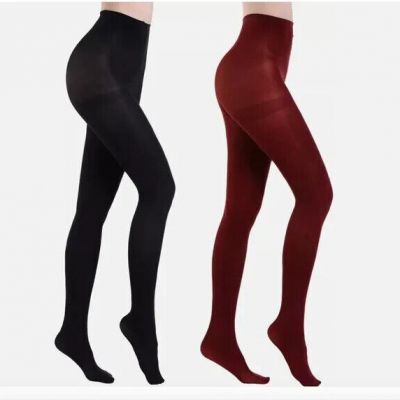 Burgundy Tights For Women, 2 Pairs Opaque 60D Tights With Control Top Waist M