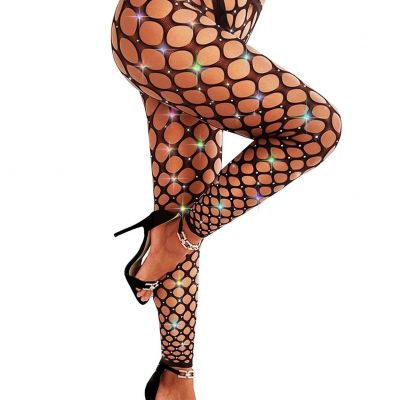 Women Sexy High Waist Tights Rhinestone Sparkle Fishnet Stockings Pantyhose L...