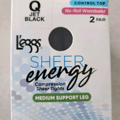 Leggs Sheer Energy Q / JET BLACK Medium Support 2 PAIR Compression Tights