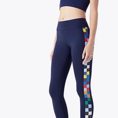 Tory Burch Sport 7/8 Legging Women XL Blue Checkered Stretch Gym Yoga Athleisure