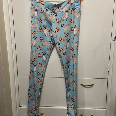 SOCIETY 6 Blue . Multi-Color Pug Dog Pizza Leggings Pants Sz M Cute