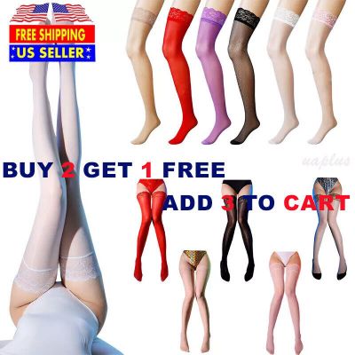 Womens Oil Shiny Glossy High Stockings Lace Silicone Stay Up Thigh-Highs Hosiery