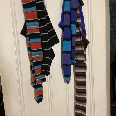 4 Pairs Striped Tights Brown, Black White, Blue Purple, Multi Color S-med