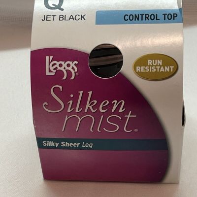 Leggs Silken Mist Silky Sheer Leg Control Top Pantyhose Run Resis Jet Black Sz Q