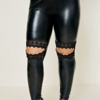 Plus Size Black Shiny Faux Leather Lace Cut Out Knee Leggings XL 1X