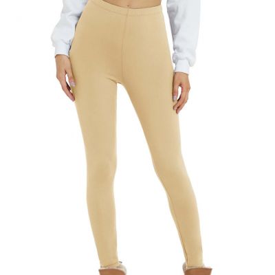 Women Velvet Lined Leggings Nine Minute Low Rise Winter Yoga Pants Light Apricot