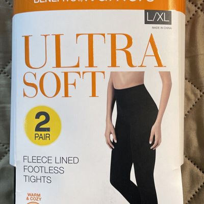 WARNERS ULTRA SOFT FLEECE LINED FOOTLESS TIGHTS 2 PAIRS SIZE L/XL BLACK NO MUFFI