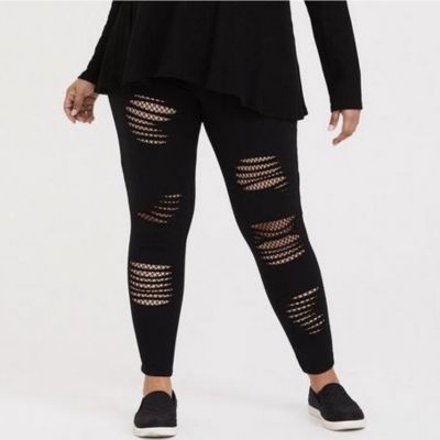 Torrid Slashed Distressed Fishnet Mesh Underlay Premium Legging in Black Size 4X