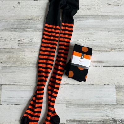 2 Pair TARGET Women's Halloween Tights Black & Orange Striped & Polka Dot