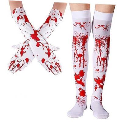 Women Girls Over Knee High Stockings and Full Finger Gloves for Long Bloody