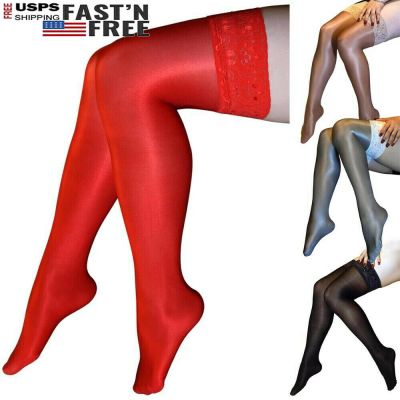 Womens Oil Shiny Glossy High Stockings Lace Silicone Stay Up Thigh-Highs Hosiery