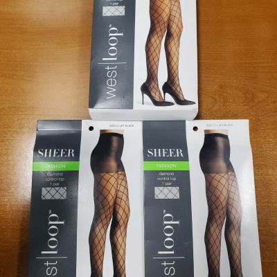 3 Pairs: Sheer Diamond Fishnet Pantyhose Control Top Jet Black *Size C* (AE1876)