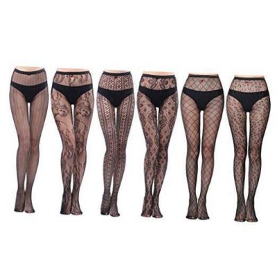 6 Pairs Lace Patterned Tights Fishnet Floral Stockings Small One Size Black