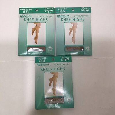 Walgreens Knee Highs One Size & Queen Lot of 3 Beige NEW