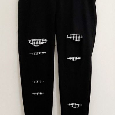 NWOT ~ CATO Leggings Sz Small Black w/Houndstooth Distress Accents Stretch Pants