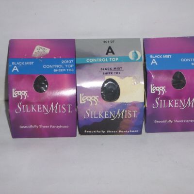 (3 pack) Leggs Silken Mist Control Top Pantyhose Sheer Toe- Black - Size A 20107