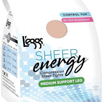 L'eggs Women's Sheer Energy No-Roll Waistband Control Top Pantyhose Tights Nylon