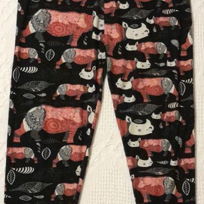 Leggings Plus Size 3X-5X Black/Red/White Smiling Rhinoceros Boho