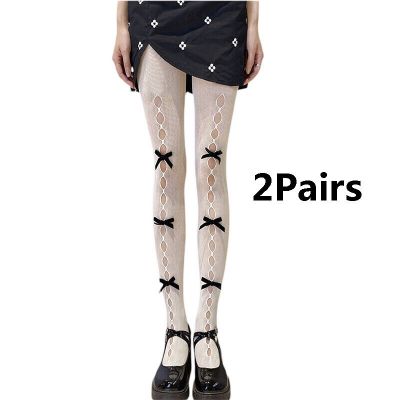 2PK New Women Fall See-through Pantyhose with Bow Knot Decors, Hollow Out Tights