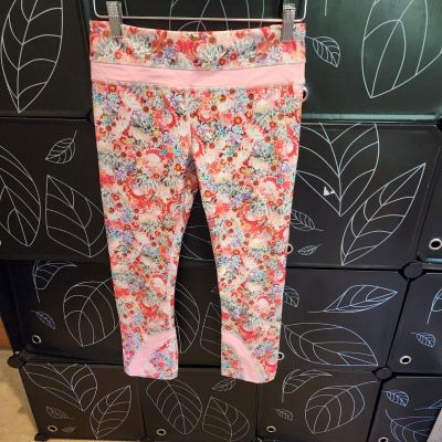 Lululemon Flowabunga Run Inspire Size 4 Cropped Floral Print Leggings Pink EuC