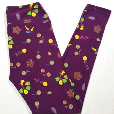 LuLaRoe Women Leggings Purple Floral Flowers Yellow Green Size OS One Size