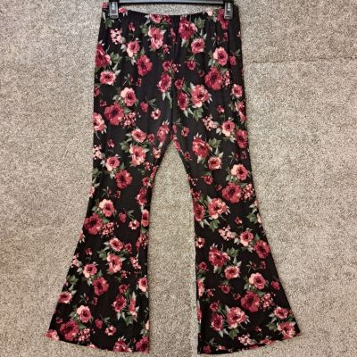 0326 - XXL 2XG Size 19 Black with Rose Floral Print Pattern Flared Leggings