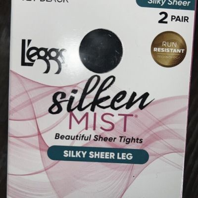 L'eggs ~ Silken Mist 2 Pair Women's Tights Hose Jet Black Control Top ~ Q